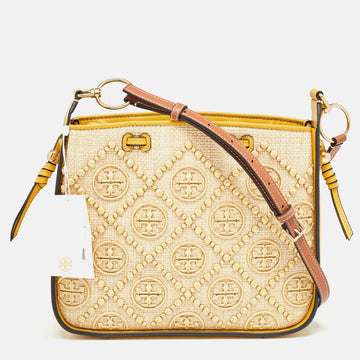 TORY BURCH Mustard T Monogram Straw and Leather Bell Shoulder Bag