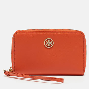 TORY BURCH Orange Leather Robinson Zip Around Wristlet Wallet