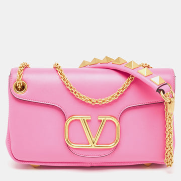 VALENTINO Pink Leather Stud Sign Shoulder Bag