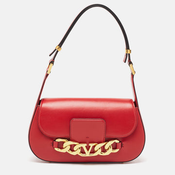 VALENTINO Red Leather Vlogo Chain Hobo