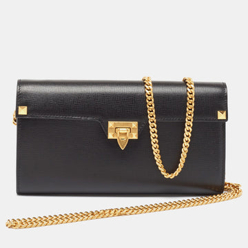 VALENTINO Black Leather Alcove Rockstud Wallet on Chain