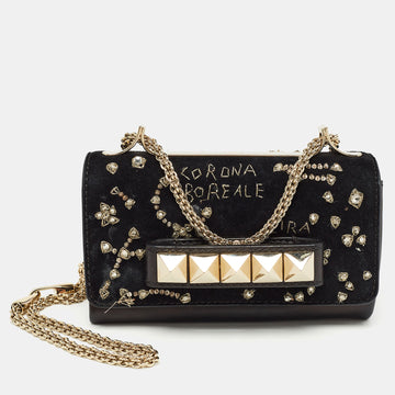 VALENTINO Black Leather and Suede Embroidery Va Va Voom Chain Shoulder Bag