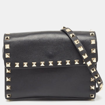 VALENTINO Black Leather Rockstud Flap Crossbody Bag
