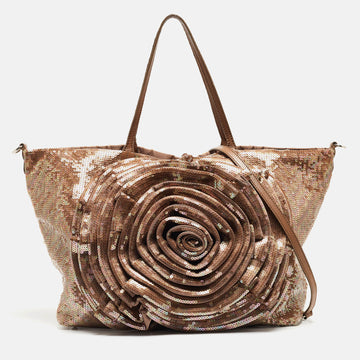 VALENTINO Bronze Sequins and Leather Petale Tote