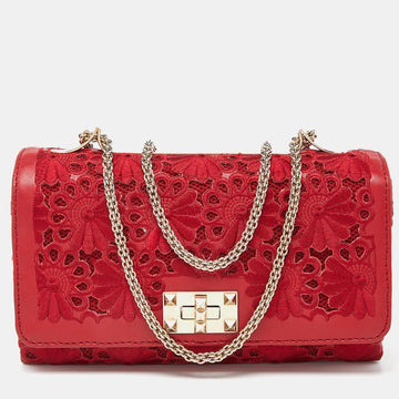 VALENTINO Red Leather and Lace Va Va Voom Shoulder Bag