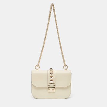VALENTINO Off White Leather Small Rockstud Glam Lock Flap Bag
