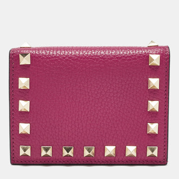 VALENTINO Magenta Leather Rockstud Flap Compact Wallet