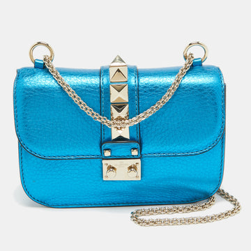 VALENTINO Metallic Blue Leather Small Rockstud Glam Lock Flap Bag