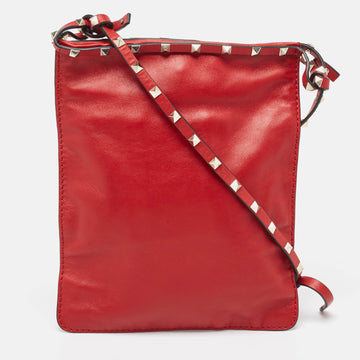 VALENTINO Red Leather Rockstud Slim Crossbody Bag