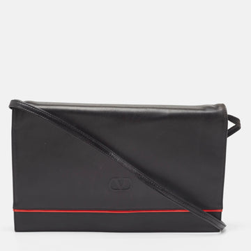 VALENTINO Black/Red Leather Logo Embossed Oversized Clutch Bag