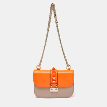 VALENTINO Orange/Beige Leather Small Rockstud Glam Lock Flap Bag