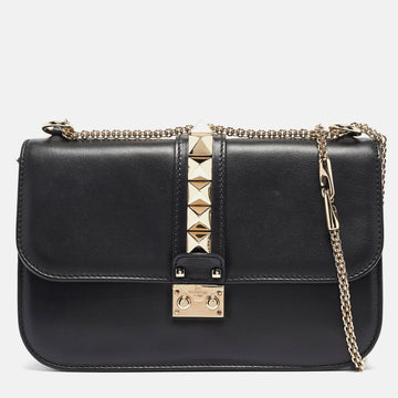 VALENTINO Black Leather Medium Rockstud Glam Lock Flap Bag