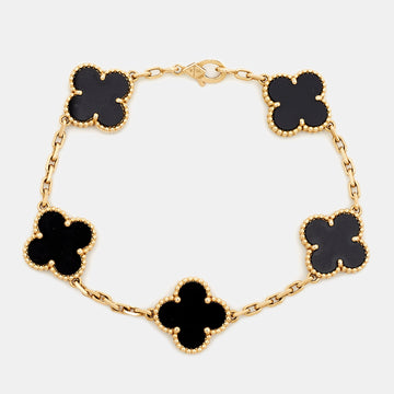 VAN CLEEF & ARPELS Vintage Alhambra Onyx 18k Yellow Gold 5 Motif Station Bracelet