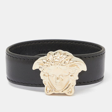 VERSACE Medusa Black Leather Gold Tone Bracelet