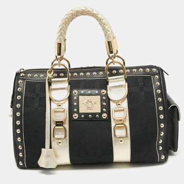 VERSACE Black/Gold Signature Fabric and Leather Studded Snap Out Of It Satchel