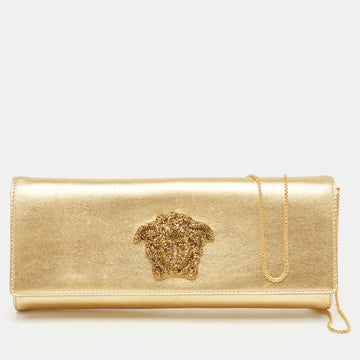 VERSACE Gold Leather Medusa Icon Crystals Chain Clutch