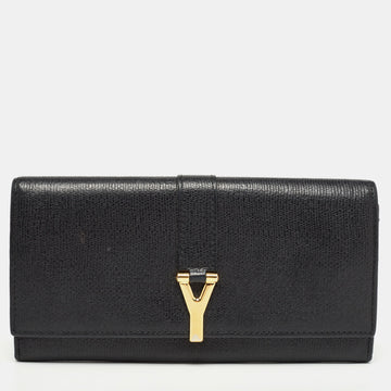 YVES SAINT LAURENT Black Leather Y Line Flap Continental Wallet