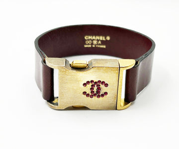 CHANEL Vintage Red Crystal Gold Buckle Leather Belt Bracelet