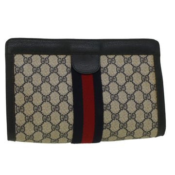 GUCCI GG Canvas Sherry Line Clutch Bag PVC Leather Navy Red Auth th4256