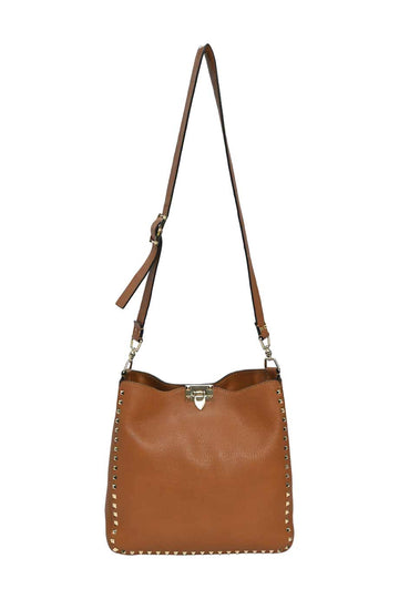 VALENTINO Brown grained calfskin Rockstud tote bag with adjustable shoulder strap