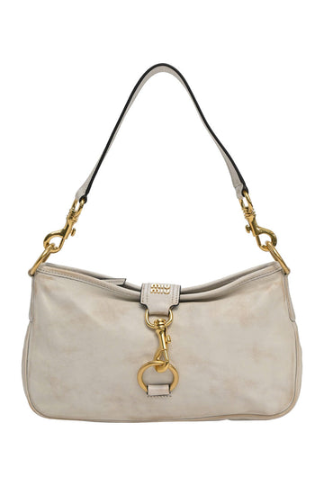 MIU MIU Ivory aged leather snap hook shoulder bag with gold-tone metallic hardware
