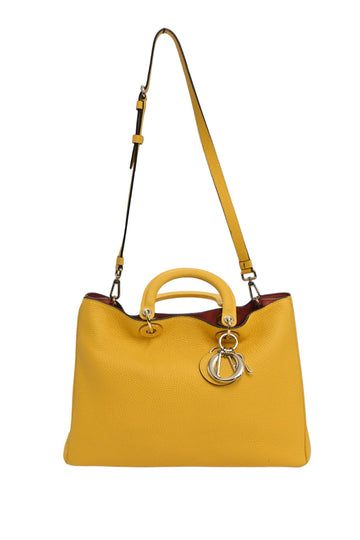 CHRISTIAN DIOR Yellow grained leather Diorissimo top handle shopper tote with detachable shoulder strap
