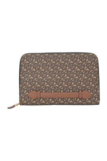 BURBERRY Brown coated TB monogram E-canvas and leather zip pouch