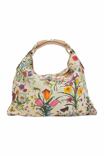 GUCCI Ivory and multi-colour canvas and leather horsebit Flora hobo bag