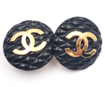 CHANEL Rare Classic Black Quilted Gold CC Large Clip on Earrings