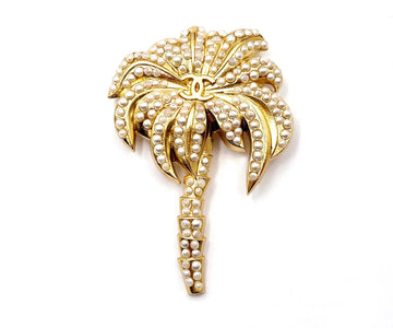 CHANEL Vintage Gold Plated CC Seed Pearl Palm Tree Large Brooch