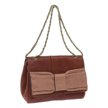 Chloe Ribbon Chain Shoulder Bag Leather Brown Auth yk10580