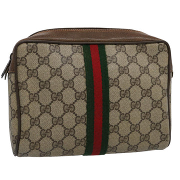 GUCCI GG Supreme Web Sherry Line Clutch Bag PVC Leather Beige Red Auth yk9652