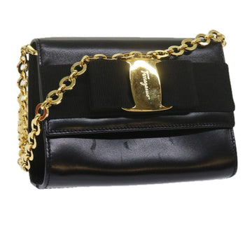 SALVATORE FERRAGAMO Chain Shoulder Bag Leather Black Auth yk9918