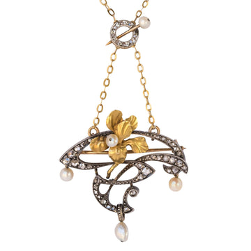 French Art Nouveau Fine Pearl Diamond Silver Gold Pendant Brooch