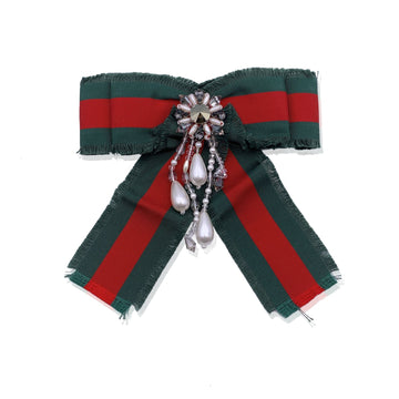 GUCCI Red Green Grosgrain Bow Brooch Pin With Pearls And Crystals