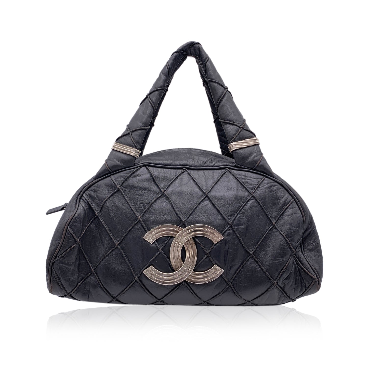 CHANEL Dark Grey Quilted Leather Cc Logo Bowling Bowler Bag