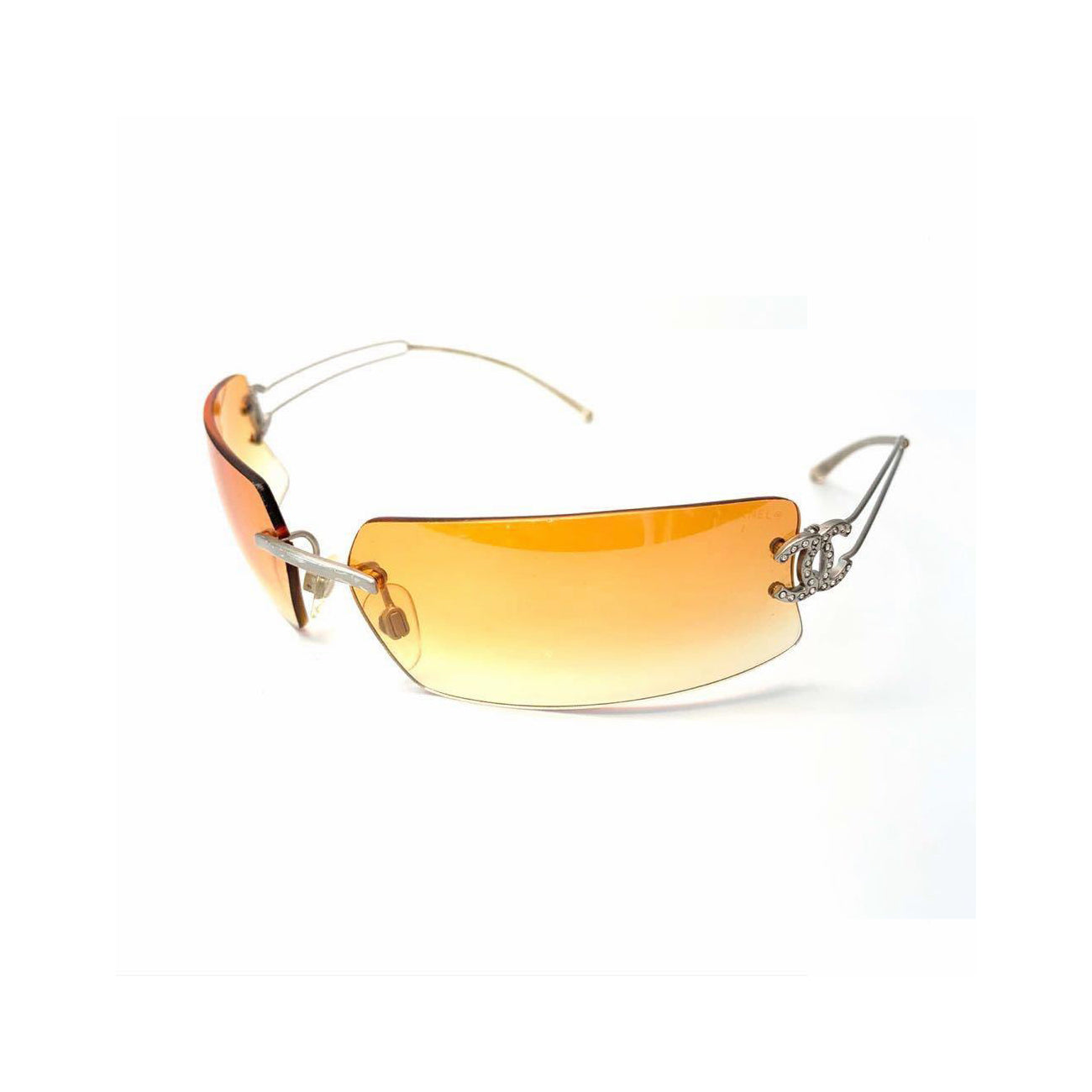 Chanel Rhinestone Orange Tinted Gold CC Logo Rimless Sunglasses