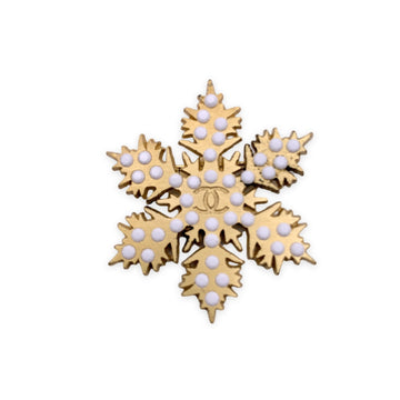 CHANEL Vintage Gold Metal Logo Snowflake Pin Brooch