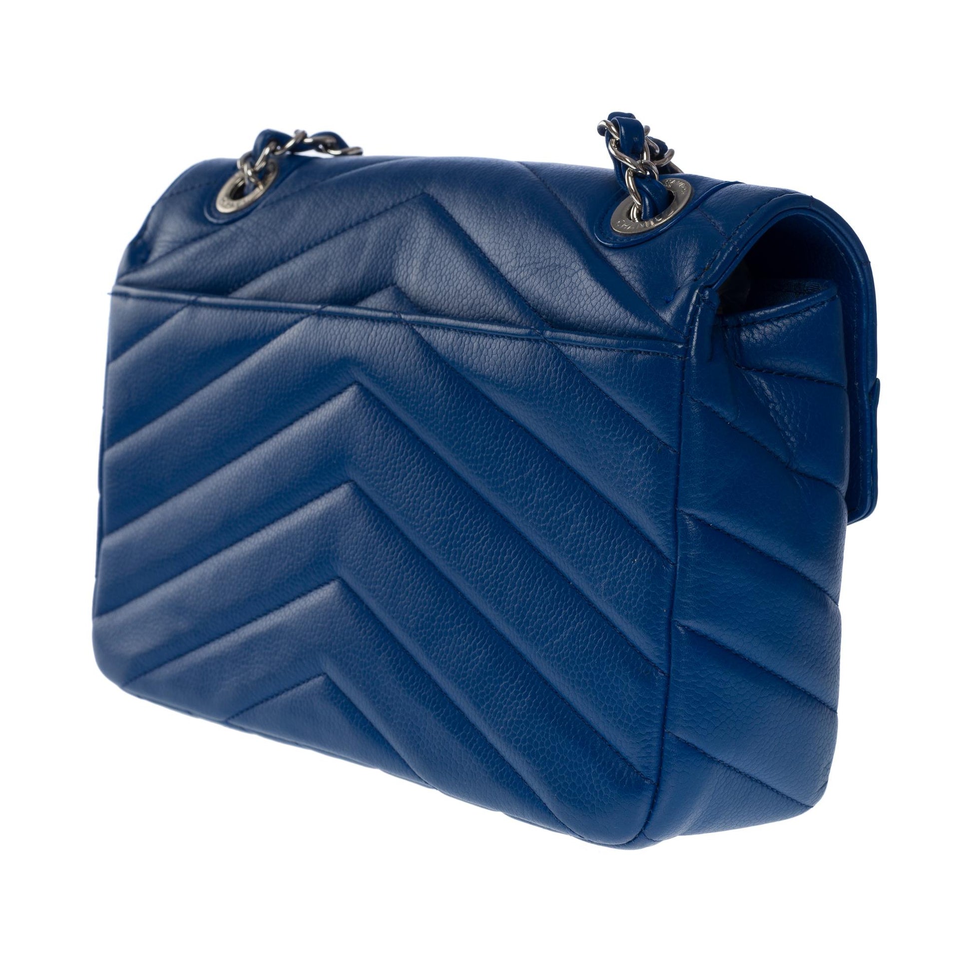 Chanel Blue Chevron Quilted Lambskin Leather Classic Medium Double