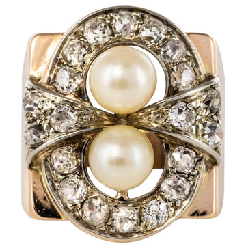 1940s 1, 40 Carat Diamonds Cultured Pearls 18 Karat Rose Gold Ring