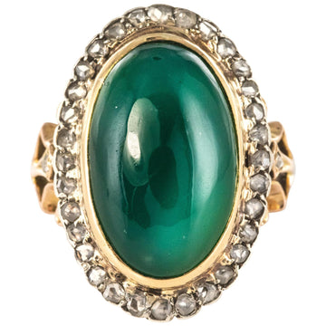1900s Green Agate Rose-Cut Diamonds 18 Karat Rose Gold Ring