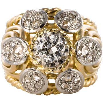 French 1950s 1.40 Carat Diamonds 18 Karat Yellow Gold Platinum Thread Dome Ring