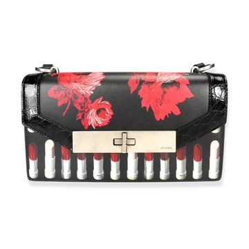PRADA Black Floral & Lipstick Print Leather Severine Bag