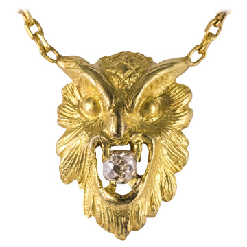 French 19th Century Diamond 18 Karat Yellow Gold Owl Pendant