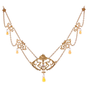French 1890s Art Nouveau Opal Diamond 18 Karat Yellow Gold Necklace