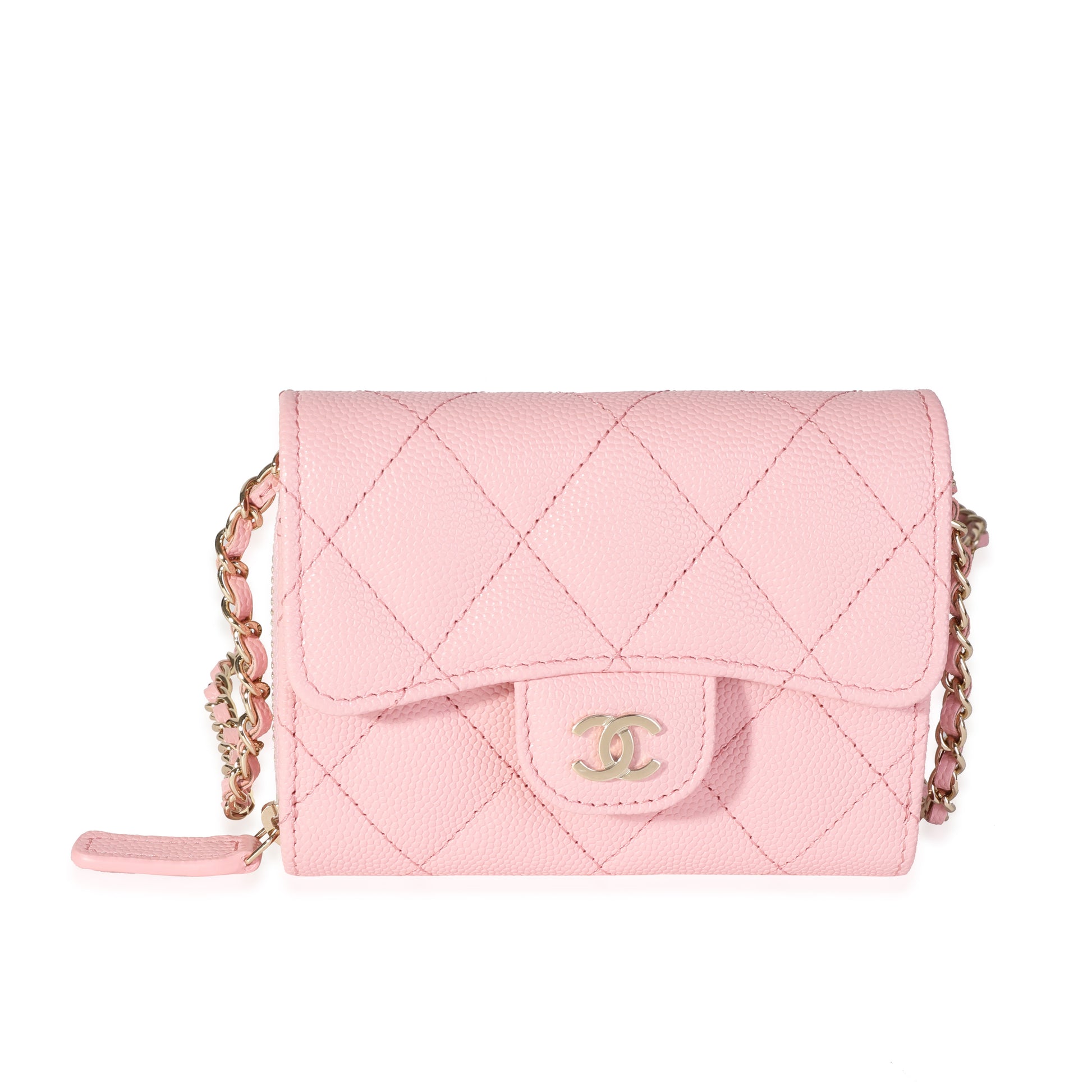 CHANEL Pink Quilted Caviar Compact Wallet On Chain