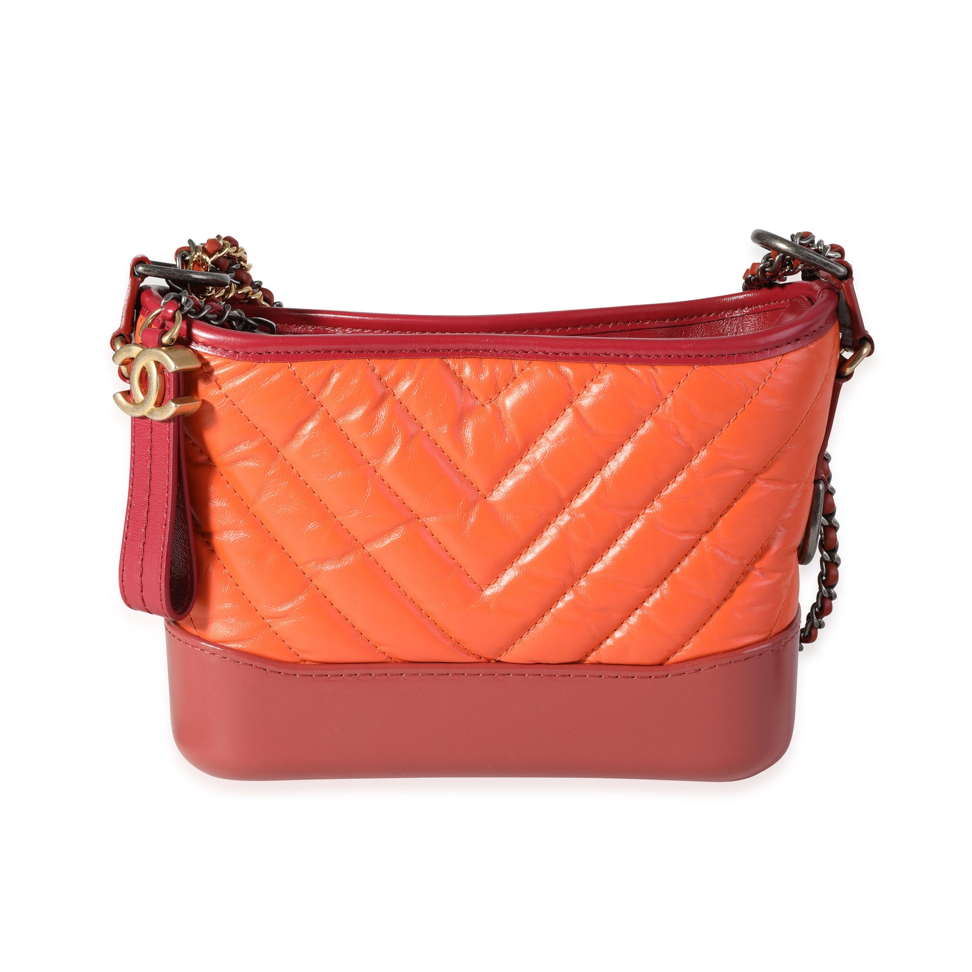 CHANEL Orange & Red Aged Calfskin Chevron Quilted Small