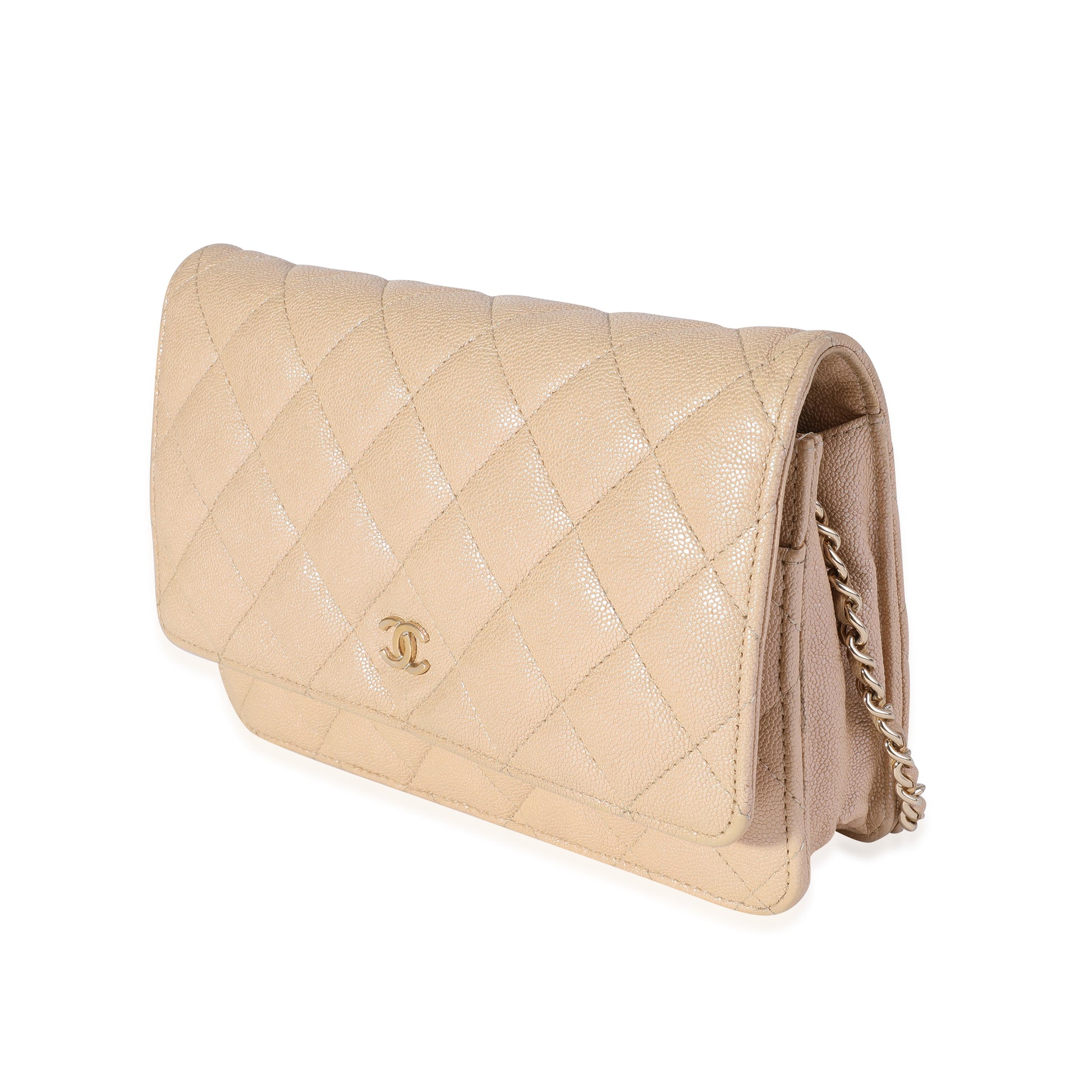 Chanel Light Beige Iridescent Quilted Caviar New Clutch With Chain