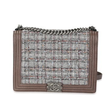 CHANEL Taupe Caviar and Multicolor Tweed Large Boy Bag