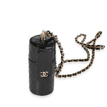 CHANEL Black Quilted Patent Leather Lipstick Case On Chain